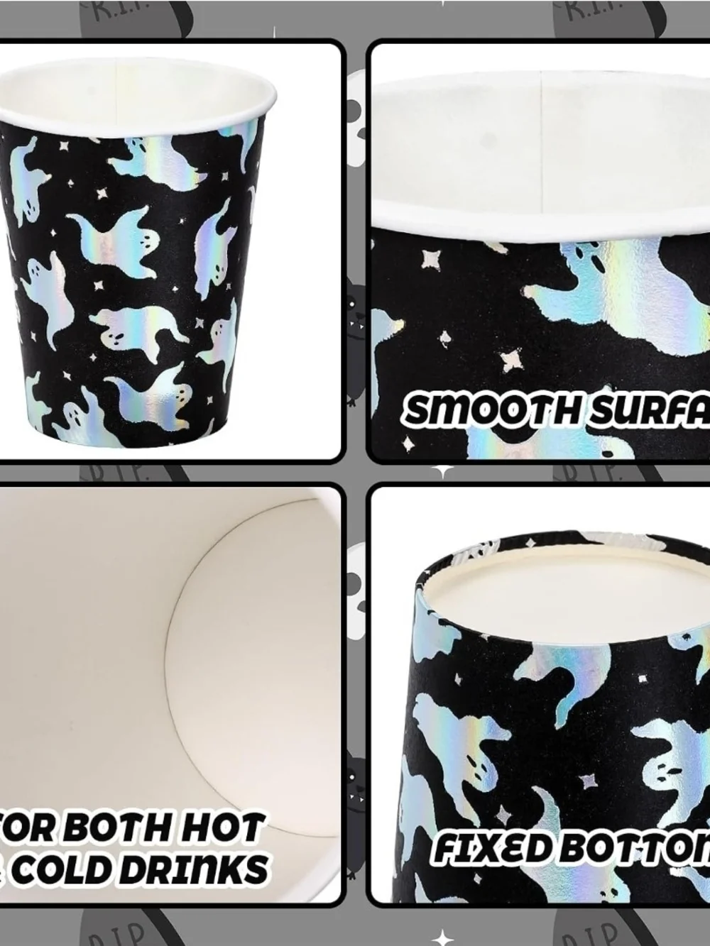 Halloween Ghost Pumpkin Bats Paper Cups - Black Iridescent 60 Set New